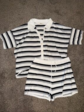 Women’s Black & White Striped Polo Top and Shorts Lounge Set